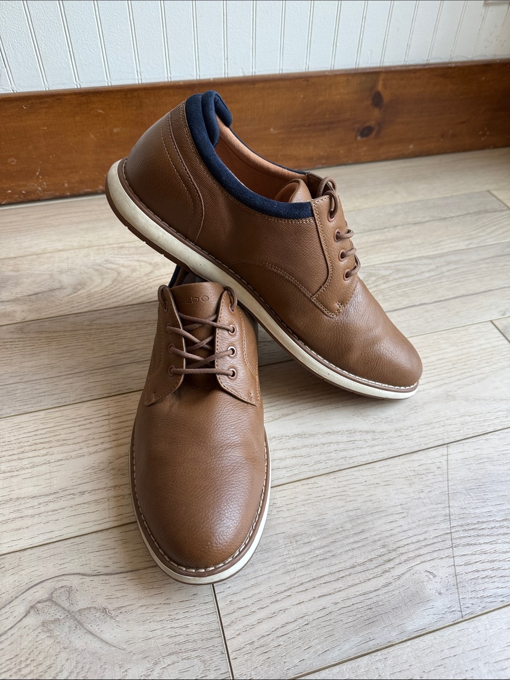 Aldo Tan Brown Leather Derby Shoes with Navy Collar